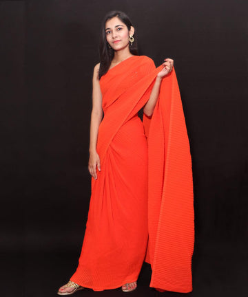 Orange Colour Pleated Georgette  Saree